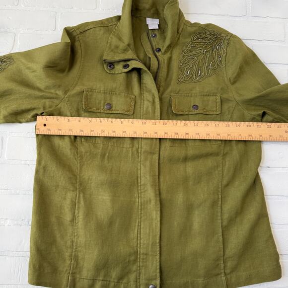 Chico's Women's 100% Linen Green Leaf Beads 3/4 Sleeve Button Jacket -sz 2 12/14 - Picture 4 of 6